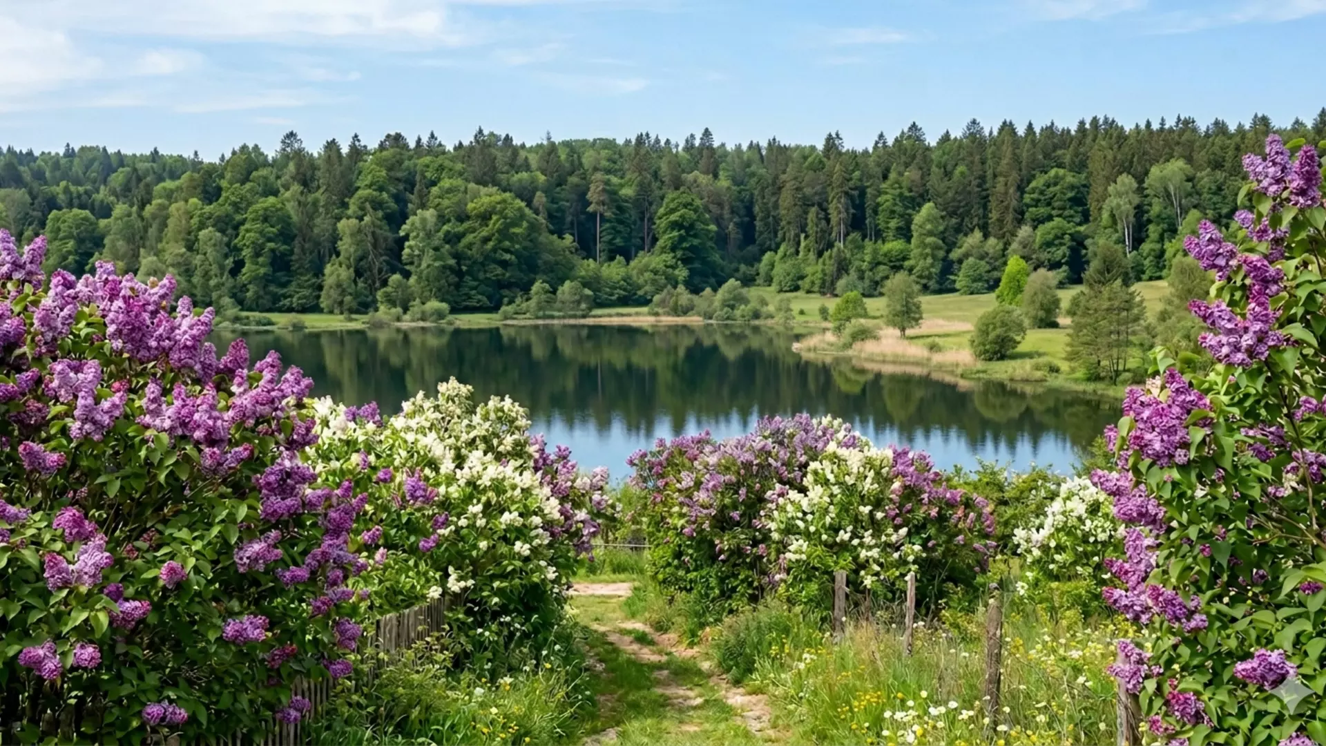 Lilacs and lake