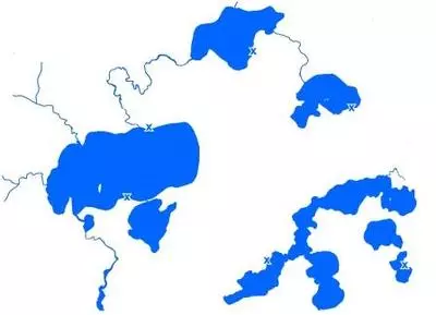 Blue lakes on a white map with black thin lines
