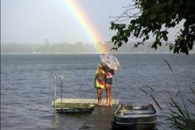 Rainbow over lake with two people standing
